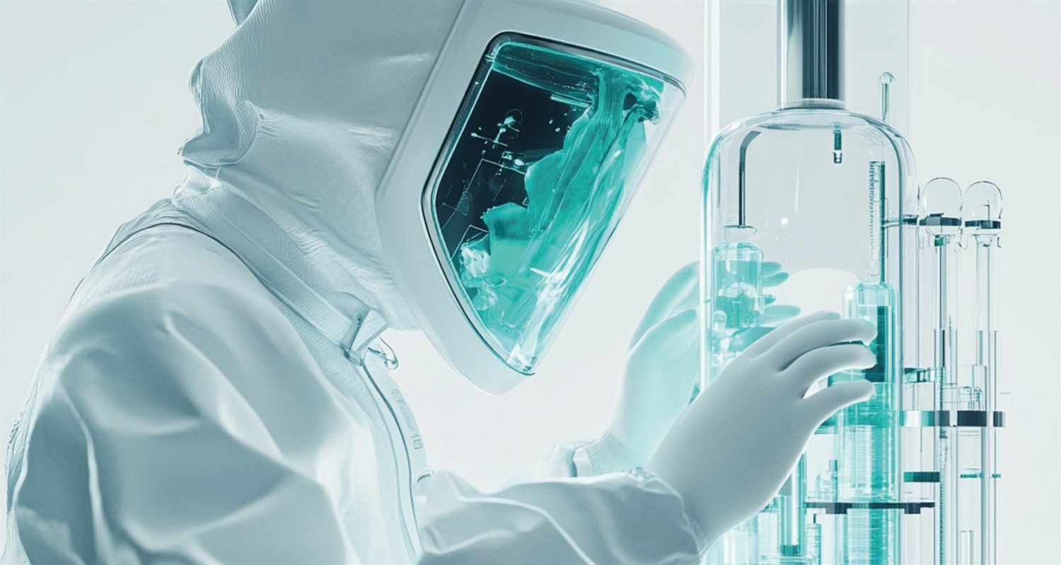 Periset Mediforcell mengenakan pakaian cleanroom memeriksa wadah kaca